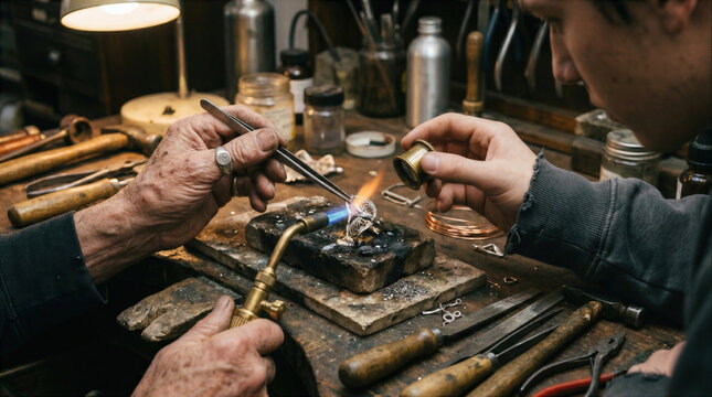 Master jeweler and apprentice soldering silver jewelry with gas torch on cluttered workbench in traditional workshop