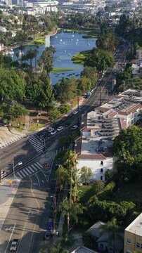Urban landscape revealing Los Angeles downtown skyline with Echo Park Lake, Angelus Temple and Glendale Blvd during a sunny afternoon in southern California