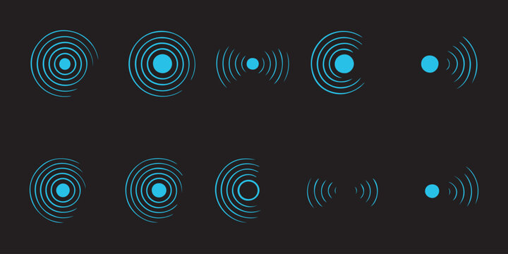 Circular waves. Concentric ripple circles sound waves icon set. Seismic Earthquake alert radar. Sonar wave soundwave rings touch effect or pulse line vector collection. Radial signal or vibration icon