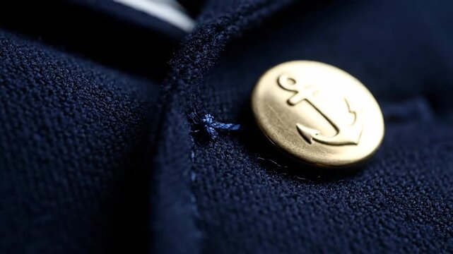 Close-up of a golden anchor button on a navy blue textured fabric with a dark background in soft light