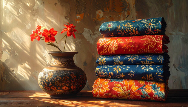 Vase of flowers and stacked textiles with warm sunlight and textured background