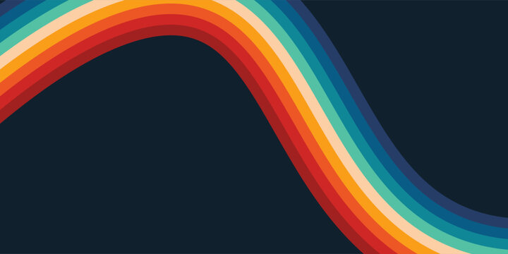 Abstract colorful 70s background vector. Vintage retro style wallpaper with lines, rainbow wavy stripes. 1970 color illustration design suitable for poster, banner, decorative, wall art.