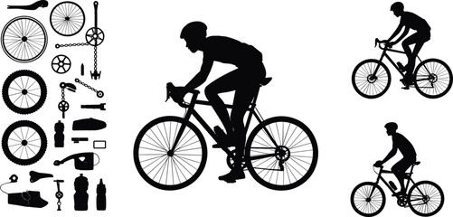 Obraz premium Professional collection of bicycle silhouettes featuring male cyclists riding road bikes and a comprehensive set of bike parts and accessories.