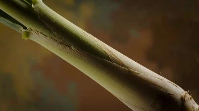 A single green leek stem illuminated against a mottled brown background conveying freshness while highlighting its stalk