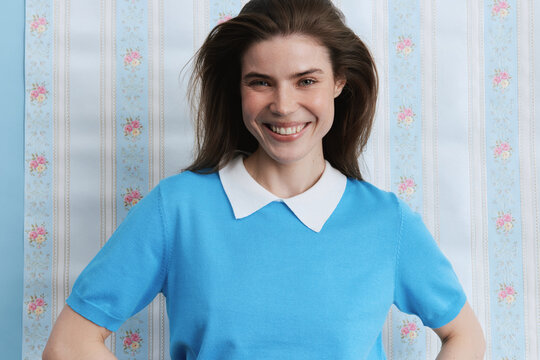 Colorful fashion portrait smiling woman looking at camera