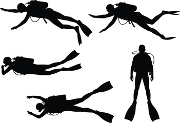 Scuba diver silhouettes set isolated on white background for marine adventure underwater sports and travel graphic design elements © Sreekhamol