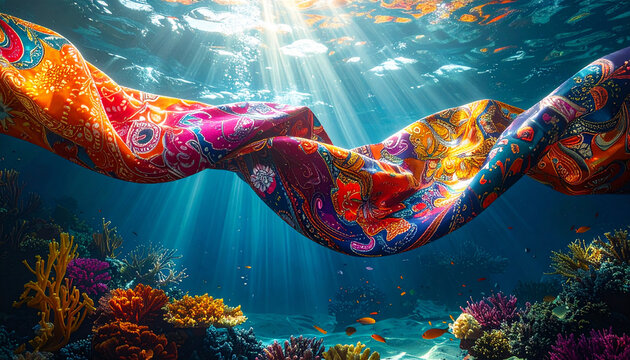 Vibrant fabric underwater with sunlight rays through deep blue ocean