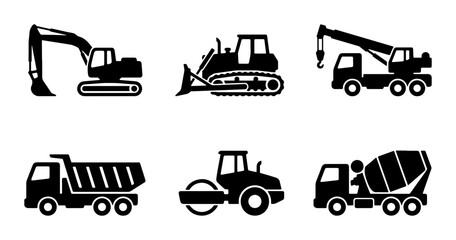 Construction Vehicle Icons Set, Heavy Machinery Silhouettes, Industrial Equipment Graphics, Building Site Machines Collection © Tanvir