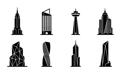 Fototapeta premium Modern Cityscape Icons, Diverse Skyscraper Silhouettes, Architectural Building Collection, Urban Landmark Vector Set