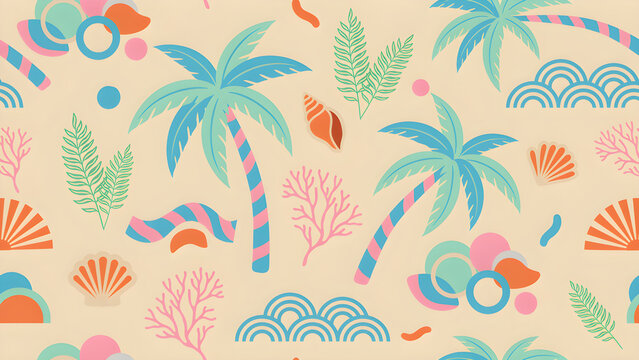 A vibrant seamless tropical pattern with playful elements.
