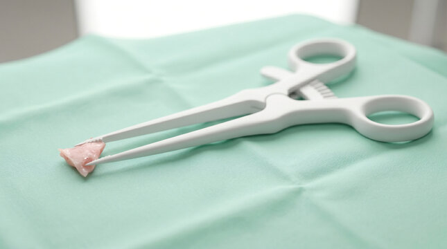 White medical forceps holding a small piece of pink tissue on green surgical drape closeup