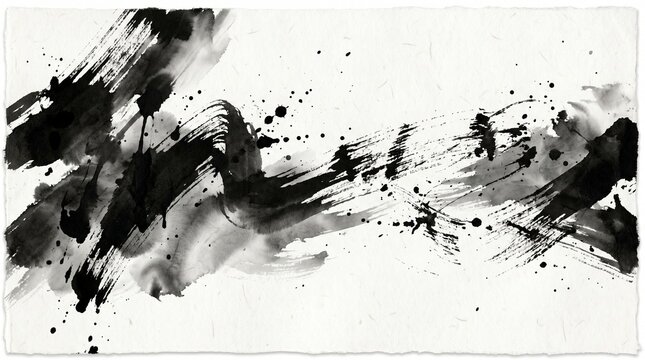 Abstract black ink splash on white paper, expressive sumi-e style brush strokes, artistic watercolor wash background with splatters