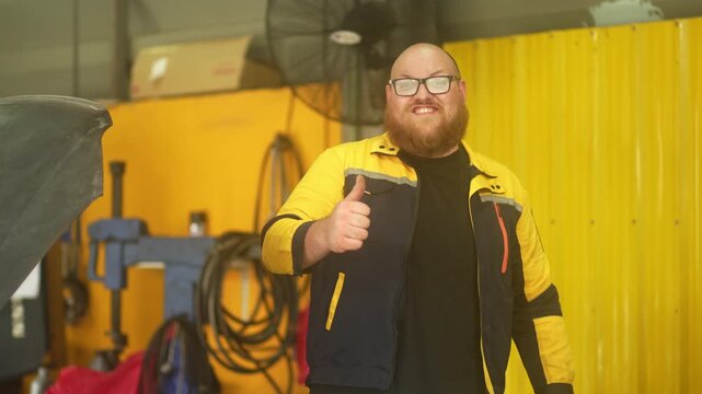 Caucasian male mechanic with glasses and a beard works alongside a female technician, reviewing a digital tablet and giving a thumbs-up. This high-energy commercial imagery represents gender diversity