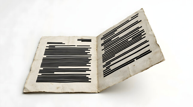 An open old book with yellowed pages displays black text, some sections obscured by black bars, suggesting a document with sensitive or redacted information.