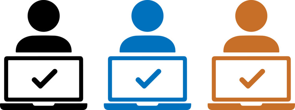 Set of user icons with laptop and checkmark symbol
