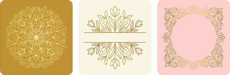 Set of luxury golden decorative frames and mandala elements for wedding invitations, greeting cards, and elegant stationery designs © SampaRani