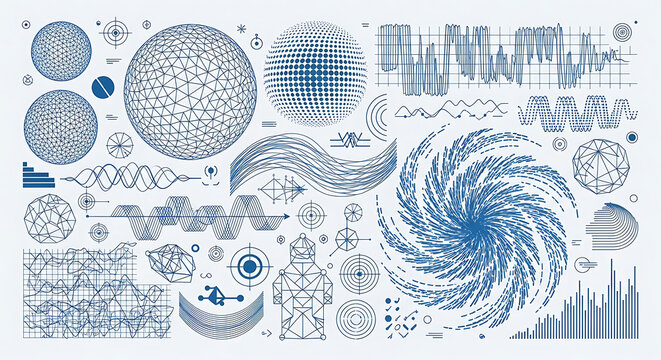 Futuristic hud and scientific data visualization elements in blueprint style with blueprint technology interface research abstract statistics analysis engineering technical schematic