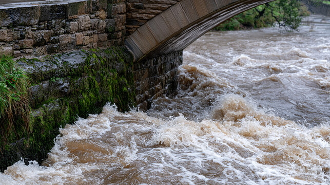 Rainswollen river beneath stone arch bri 3