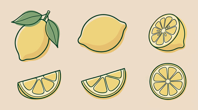 Set of fresh yellow lemons, whole fruits with leaves, half and slices isolated vector illustration