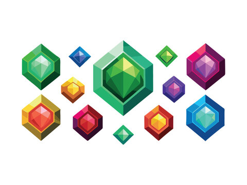 Colorful 3D gemstones and crystals in various shapes and sizes on white background
