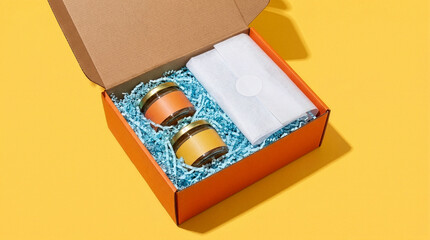 Top view of an open corrugated cardboard gift box filled with artisanal fruit jam jars and blue shredded packing paper. Perfect for unboxing concepts, e-commerce delivery, packaging mockups.