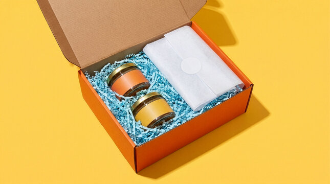 Top view of an open corrugated cardboard gift box filled with artisanal fruit jam jars and blue shredded packing paper. Perfect for unboxing concepts, e-commerce delivery, packaging mockups.