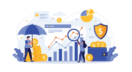 Fototapeta premium Professional business people analyzing financial data and growth charts while managing investments and protecting assets under a large umbrella.