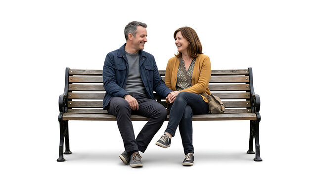A happy middle-aged couple sitting on a park bench, holding hands and smiling lovingly at each other, isolated on a white background.