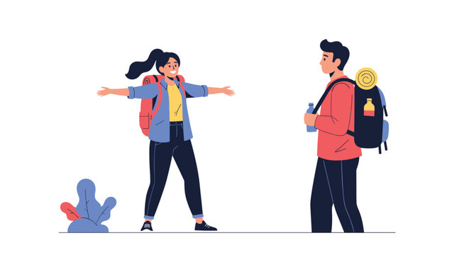 Two happy travelers with backpacks greeting each other with open arms while meeting during their outdoor adventure journey.