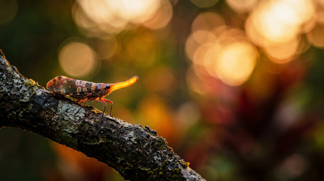 Rare Lantern Bug With Elongated Snout And Golden Bokeh