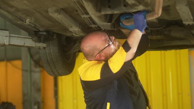 Caucasian male mechanic with glasses and a beard works alongside a female technician, reviewing a digital tablet and giving a thumbs-up. This high-energy commercial imagery represents gender diversity