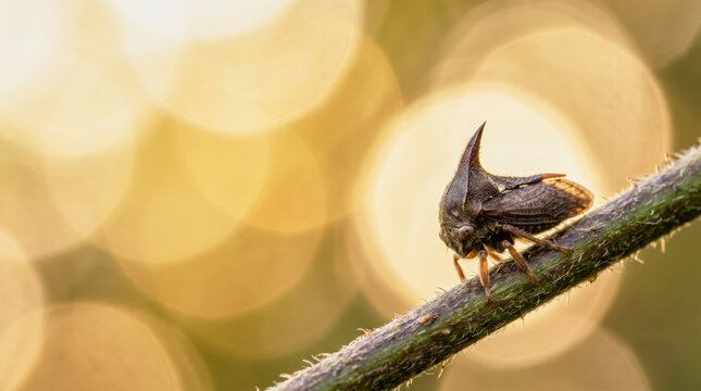 Rare Treehopper Insect With Golden Bokeh And Copy Space