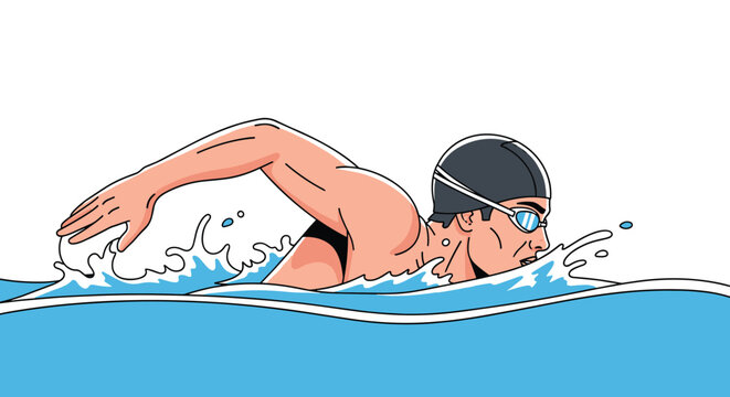 Professional male athlete wearing goggles and a swimming cap competing in a race and performing a powerful freestyle stroke in the water.