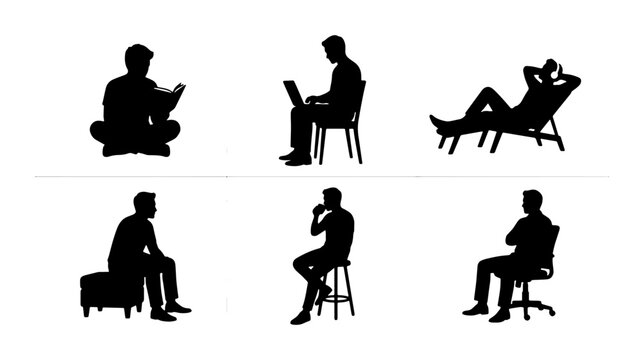 Silhouette Figures: Diverse Poses of Men Reading, Working on Laptop, Relaxing on Lounger, Sitting, Contemplating, and in Office Chair, Vector Set