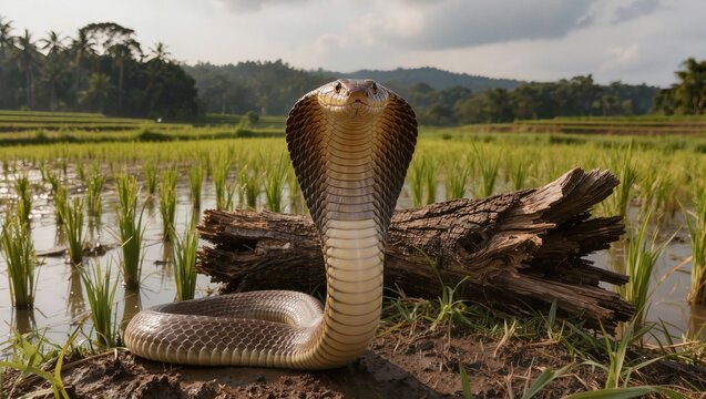 Venomous Philippine Cobra rearing up with flared hood in a tropical rice paddy field