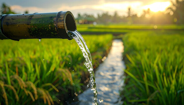 Water flowing from bamboo pipe irrigating lush green agricultural fields at sunset