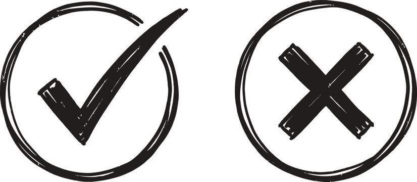 Hand drawn check mark and cross mark symbols in circles