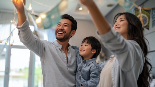 Happy Asian family celebrating together, creating joyful memories with their child.