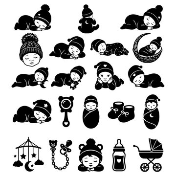 Newborn baby silhouette and infant nursery elements grid. Flat solid black shapes of professional child care accessories isolated on white background.