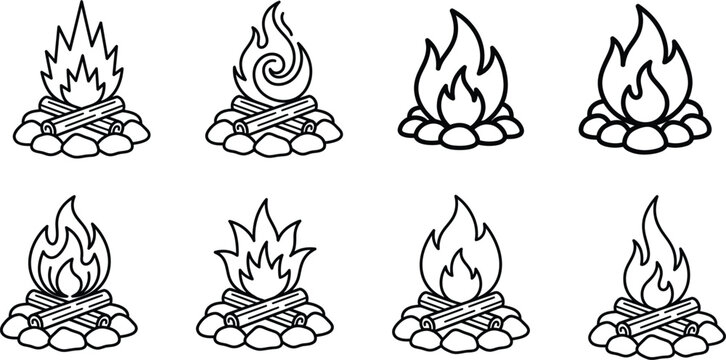 black and white illustrations of campfires for outdoor adventure designs