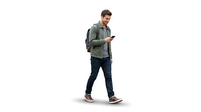 Young man walking casually while looking at his smartphone and carrying a backpack, isolated on a white background.