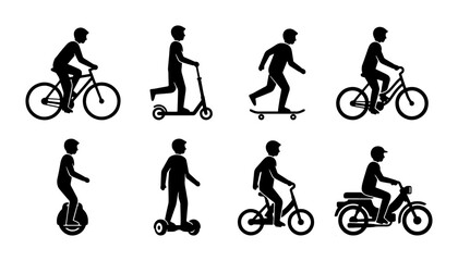 Diverse Personal Transportation Icons: Cycling, Scooters, Skateboards, Unicycles, Segways, and Motorcycles Vector Set for Urban Mobility and Active Lifestyle Concepts © Jannatul