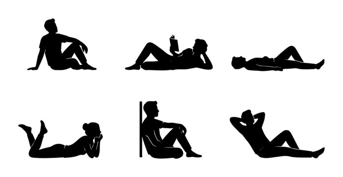 Relaxation Silhouettes Collection, Diverse Poses of People Resting, Leisurely Poses Vector Set, Black and White Figures for Lifestyle Concepts