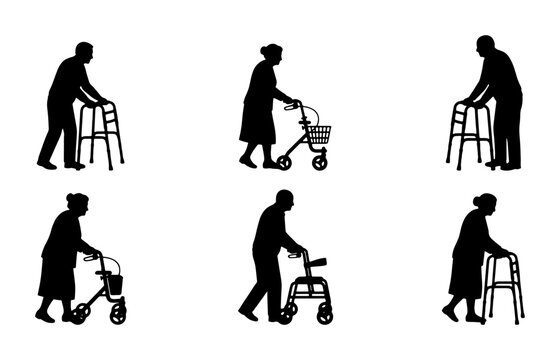 Elderly People Silhouettes, Senior Mobility Aids, Old Age Assistance Icons, Walking Frame and Walker Set