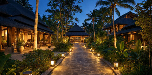 Fototapeta premium Evening view of a luxury tropical resort pathway illuminated by warm golden garden lights surrounded by palm trees with tropical illumination landscape vacation nighttime exterior