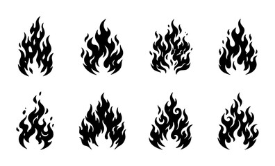 Naklejka premium Set of 8 Black Flame Icons, Fire Embers and Burning Energy Graphics, Abstract Heat and Blaze Symbols, Vector Illustration for Design