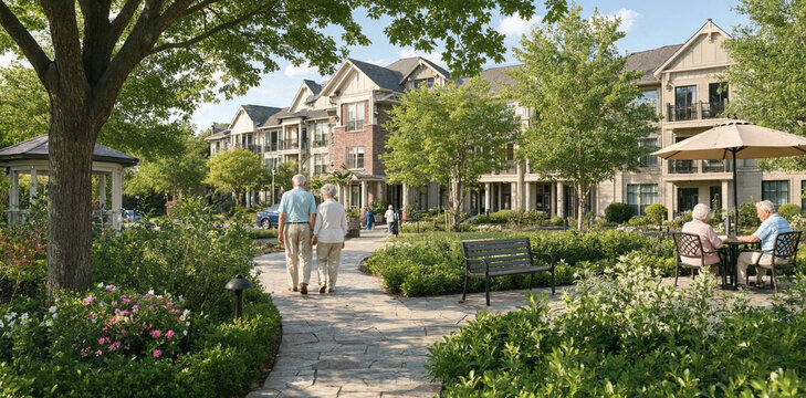 Senior couple strolling through a beautifully landscaped courtyard garden at a modern assisted living retirement community with retirement community assisted courtyard landscape lifestyle