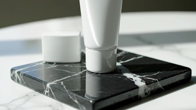 White skincare tubes on a black marble tray with sunlight creating shadows and a clean aesthetic