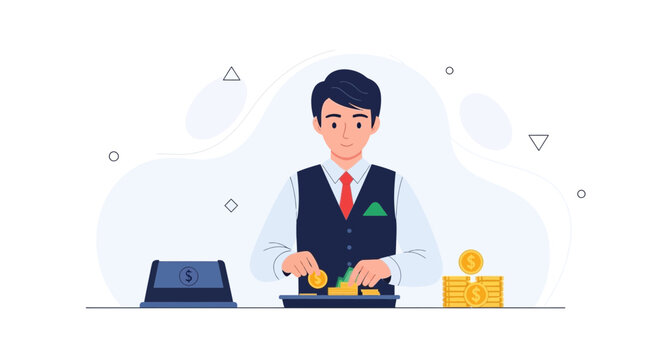 Man in suit counting money, coins, and cash at a counter with a money acceptor, representing finance, banking, and transactions