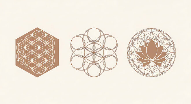 Set of three sacred geometry symbols with lotus and mandala elements geometry spiritual esoteric meditation abstract graphics mystical ornament intricate wellness